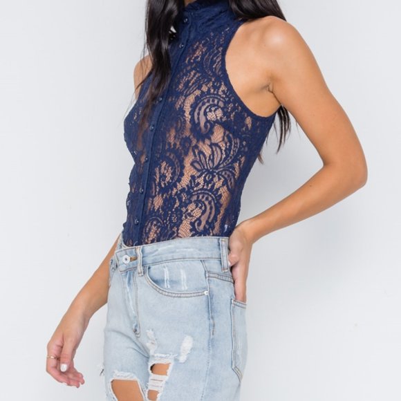 Nasty Gal Navy Blue Mock-Neck Sheer Button Down Lace Top - Picture 2 of 3